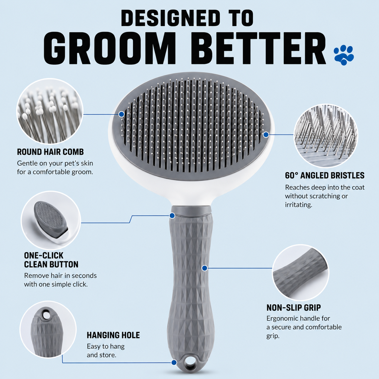 Professional One-Click Pet Hair Removal & Grooming Brush